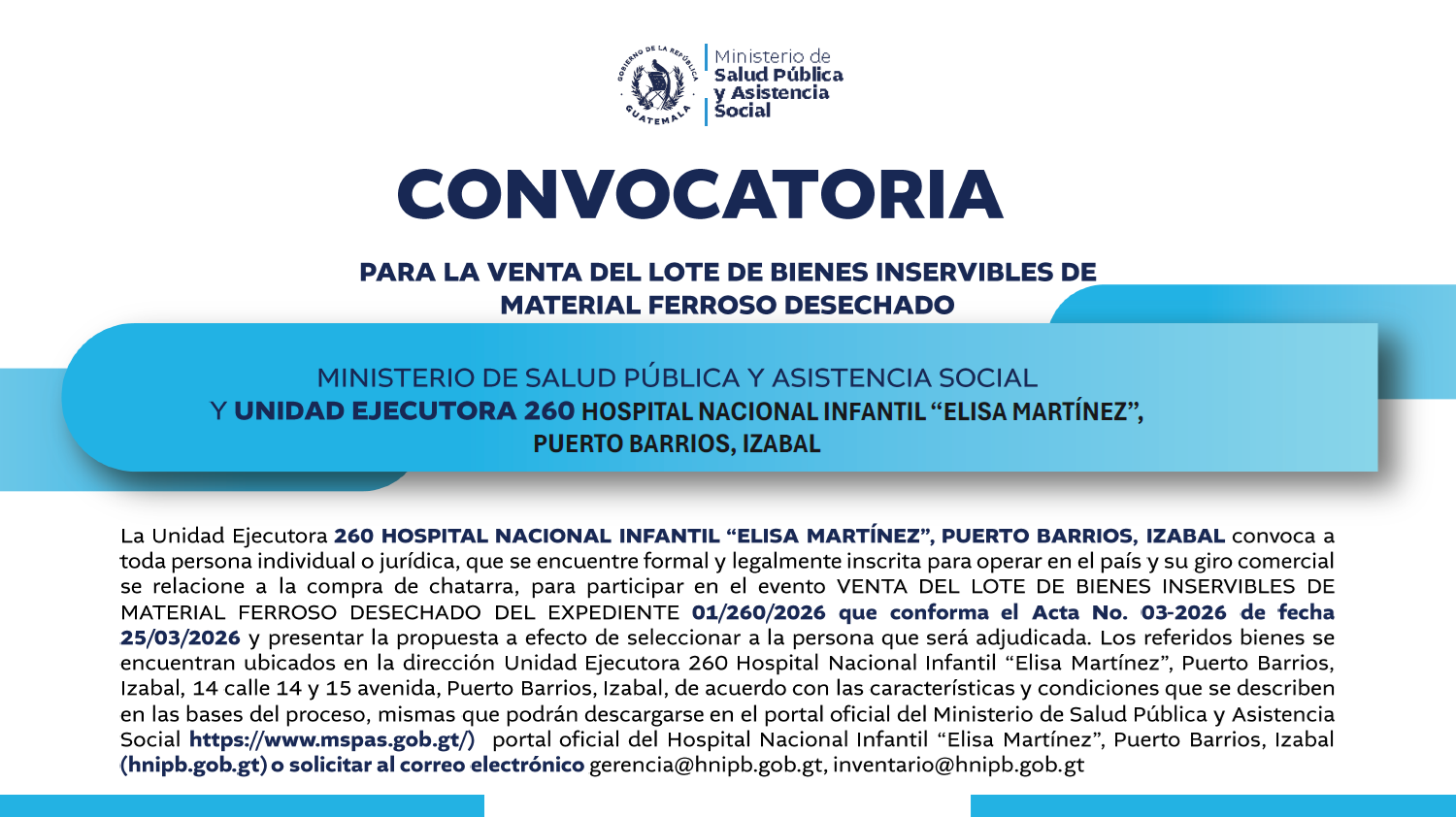 Convocatoria para la venta del lote de bienes inservibles de material ferroso desechado